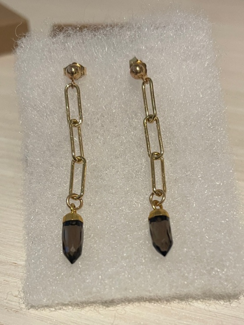 Gold Chain Drop Earrings with Smoky Crystal Accent